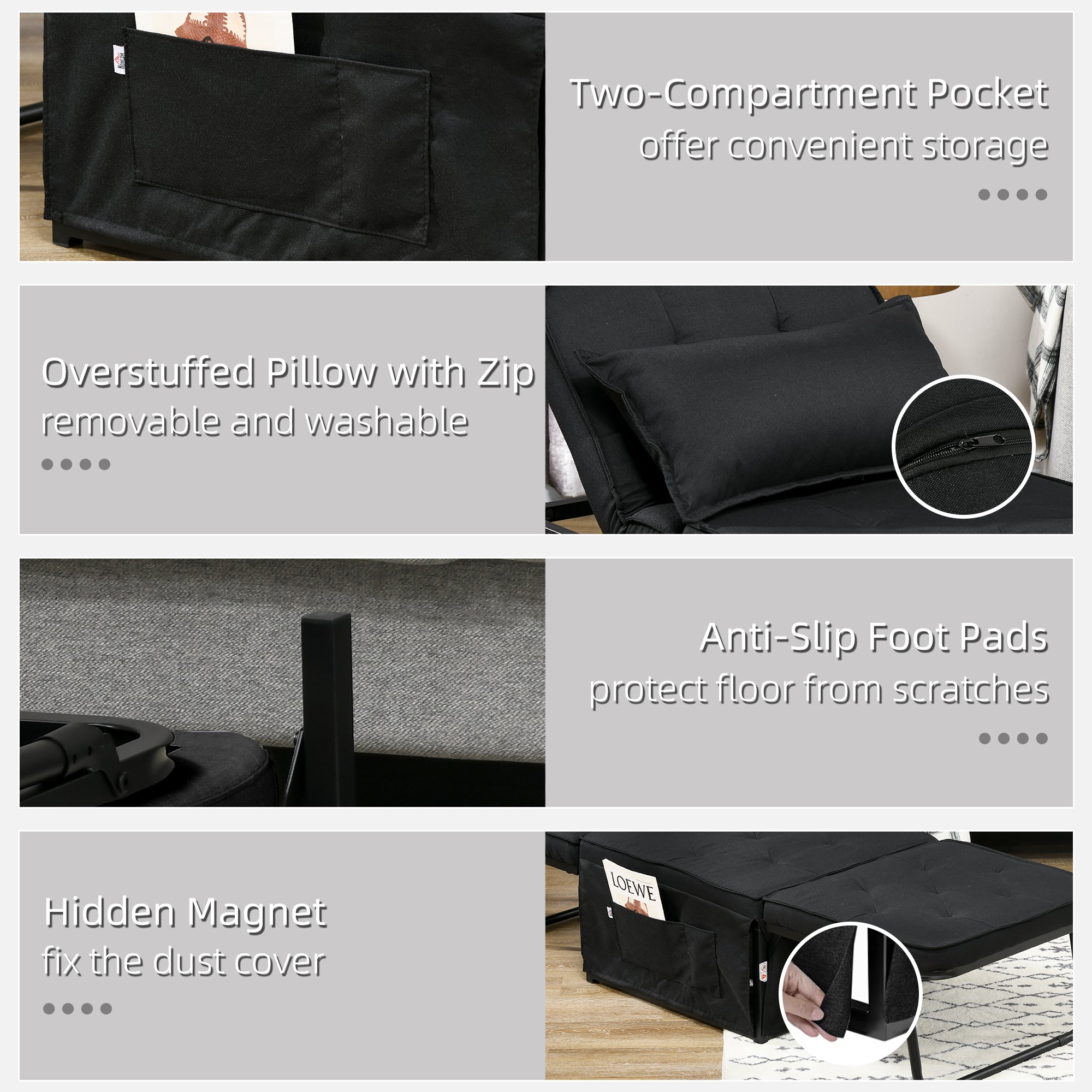 HOMCOM Fabric Sleeper Chair, Folding Chair Bed with Adjustable Backrest, Pillow, Side Pockets for Living Room, Black